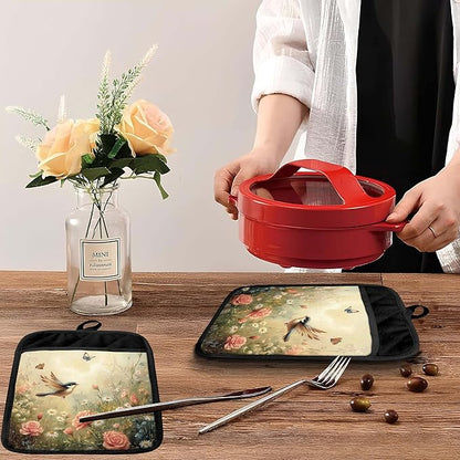 Rustic Floral Bird Pot Holders with Pockets, Cottagecore Wildflower Butterfly Oven Pot Holders Heat Resistant Oven Mitts Hot Pads for Kitchen Baking Cooking