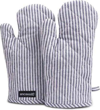 Encasa XO Long 12"x7" Oven Microwave Hand Gloves Mitts (2 pc Set) for Kitchen Cooking & Baking - Heat Resistant, Thick & Safe, Protection of Hands from Hot Utensils - Ticking Navy Blue