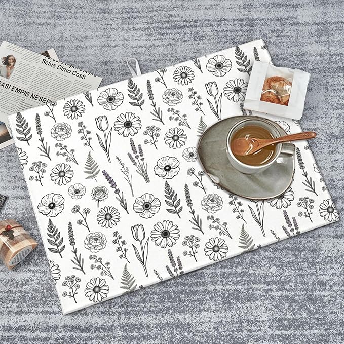 Black and White Floral Aesthetics Dish Drying Mat, for Kitchen Counter Microfiber Absorbent, Dish Draining Mat Extra Large 18"x24" - Image 5