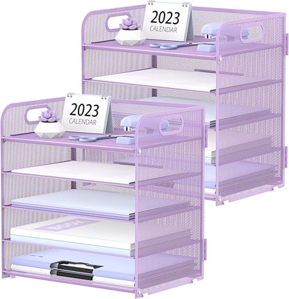 2 Pack 5-Tier Purple Desk Organizer with Handle Mesh Desk File/Paper Organizer Letter Tray for Office, School and Home Easy Installation Purple Office Supplies by SUPEASY