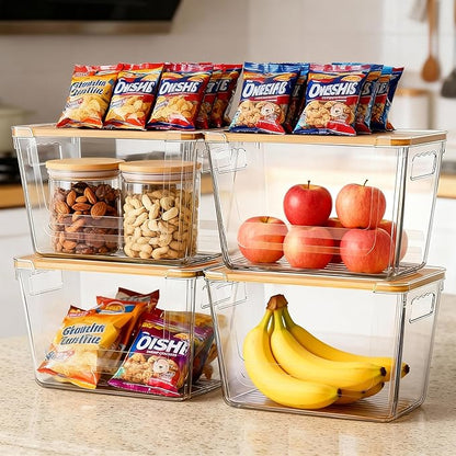 4 Pack Clear Storage Bins with Bamboo Lid, Garbage Bag Dispenser, Pantry Organizers and Storage for Onion Potato, Under Sink Organizer for Kitchen Laundry Room