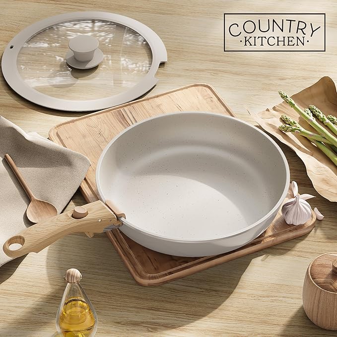 Country Kitchen Cookware Set with Removable Handle, Oven & RV Safe Pots and Pans Set, Cream Gold Speckle Wood Handle, Original - Image 9