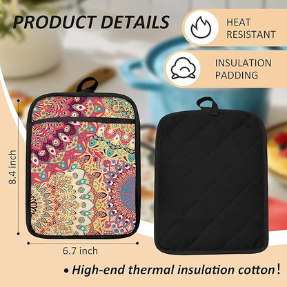Colorful Abstract Mandala Floral Pot Holders for Kitchen, Boho Vibrant Ethnic Flower Botanical Heat Resistant Hot Pads and Oven Mitts for Baking Cooking - Image 6