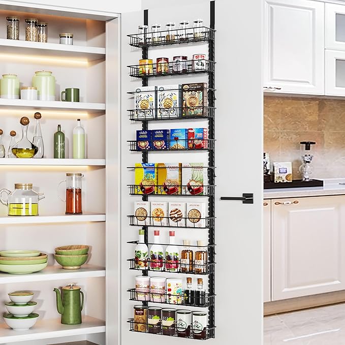Churboro Over the Door Pantry Organizer Rack with 9 Adjustable Baskets, 9 Tiers Dual-use Hanging or Wall Mount Spice Rack Organizer, Black by Churboro