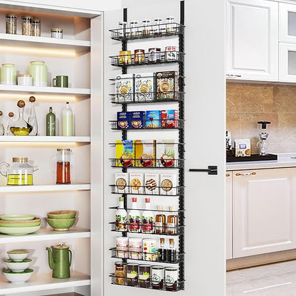 Churboro Over the Door Pantry Organizer Rack with 9 Adjustable Baskets, 9 Tiers Dual-use Hanging or Wall Mount Spice Rack Organizer, Black by Churboro