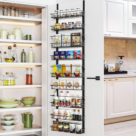 Churboro Over the Door Pantry Organizer Rack with 9 Adjustable Baskets, 9 Tiers Dual-use Hanging or Wall Mount Spice Rack Organizer, Black by Churboro