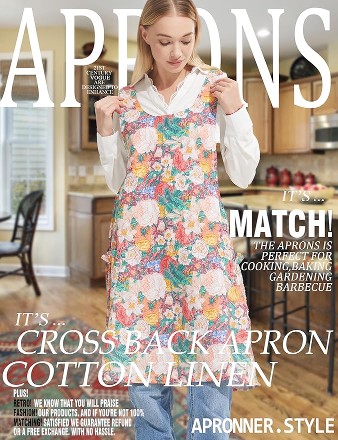 Cozy Adjustable Cross Back Aprons for Women with Pockets Cotton Linen Cooking Kitchen Baking