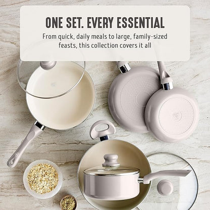 GreenLife 16-Piece Nonstick Cookware Set, Non-Toxic Ceramic Pots and Pans Set, Durable Healthy Kitchen Essentials, Fast Heating, Induction Ready, Easy Clean Dishwasher Safe, PFAS-Free, Light Gray