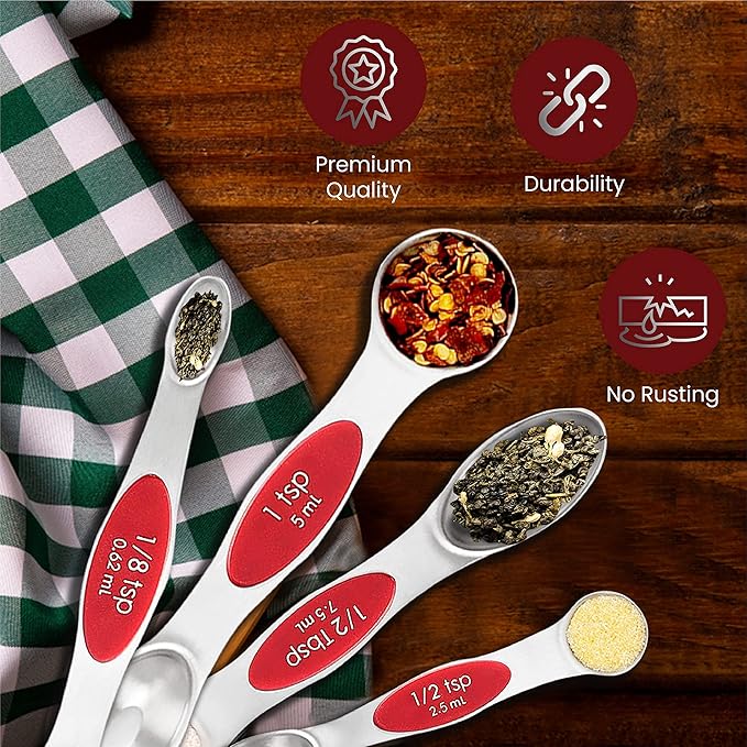 Magnetic Measuring Spoons Set of 9 Stainless Steel Dual-Sided Stackable Measuring Spoon Nesting Teaspoons Measuring Dry and Liquid Ingredients, Fits in Spice Jars Set of 9 (Red) - Image 3
