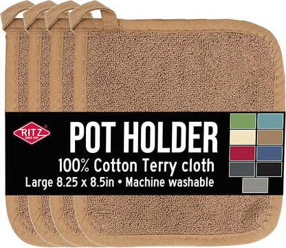 RITZ Terry Potholder & Hot Pad: Unparalleled Heat Resistant, Durable 100% Cotton – Ergonomically Designed for Optimal Grip – Easy-Care Machine Washable – 4-Pack, Mocha Brown by Ritz+Foodservice