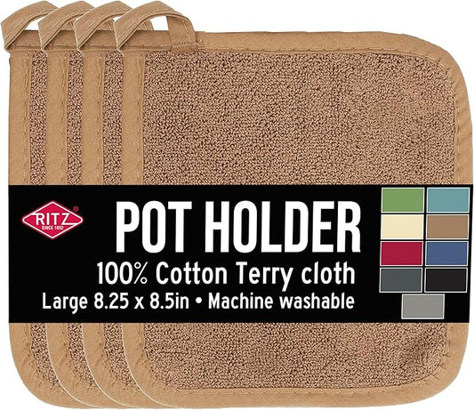 RITZ Terry Potholder & Hot Pad: Unparalleled Heat Resistant, Durable 100% Cotton – Ergonomically Designed for Optimal Grip – Easy-Care Machine Washable – 4-Pack, Mocha Brown by Ritz+Foodservice