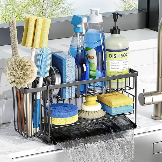 Cisily 2-Tier Kitchen Sink Caddy Organzier Rack with Flexible Dish Brush Holder, Sponge Holder for Kitchen Sink Countertop Organization Storage,Home Decor Accessories Essentials Stainless Steel by CISILYHOMELIFE