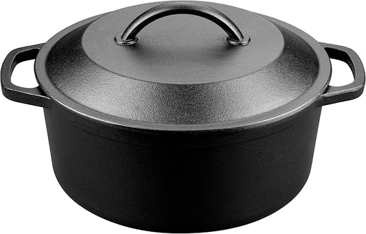 VORRINGARD Pre-Seasoned Cast Iron Dutch Oven with Lid, Round and Dual Handles, for Stovetop, Camping, Grill, Induction, Electric, Black, 6qt