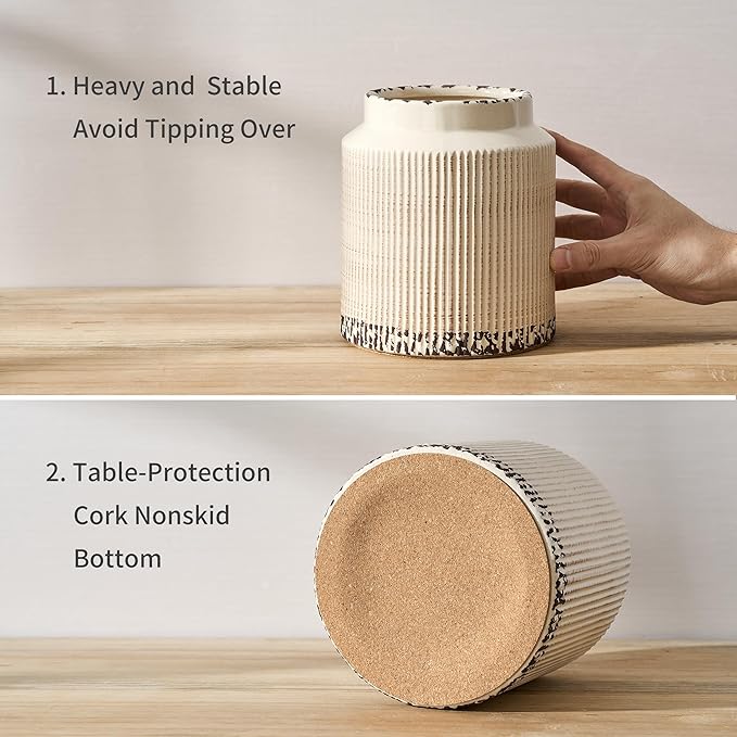 JIEMEI HOME Kitchen Utensil Holder, 6.77" Ceramic Farmhouse Stable Utensil Crock for Countertop, Vintage Style Cooking Tool Organizer with Cork Mat, Spatula Holder For Kitchen Decor, Antique Beige - Image 4