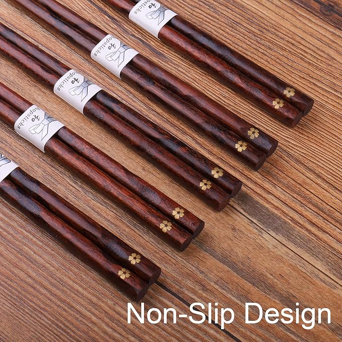 GLAMFIELDS Reusable Chopsticks Japanese Natural Wooden Classic Style 5 Pairs Lightweight Hand-Carved Safe Chop Sticks 8.8 Inch/22.5cm Gift Set - Image 4