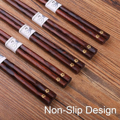 GLAMFIELDS Reusable Chopsticks Japanese Natural Wooden Classic Style 5 Pairs Lightweight Hand-Carved Safe Chop Sticks 8.8 Inch/22.5cm Gift Set - Image 4