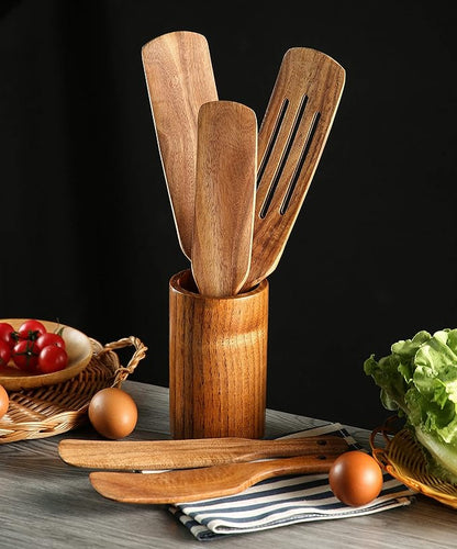 Wooden Spurtles Set with Holder, Natural Teak Kitchen Utensil Set of 6, Heat Resistant Non Stick Wood Cookware with Hanging Hole, Wood Spurtles Spatula Sets for Stirring, Mixing, Serving