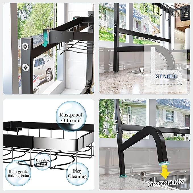 SAYZH Over The Sink Dish Drying Rack, Adjustable (25.5 to 33.5 inch) 2 Tier Metal Steel Dish Drying Racks for Kitchen Counter with Hooks Paper Towel Utensil Cup Holder Sink Caddy (Black) - Image 9