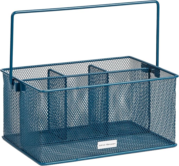 Mind Reader Multi-purpose Storage Caddy with Handle, Desktop Organizer, Cutlery Holder, 4 Compartments, Metal Mesh, Turquoise - Image 7