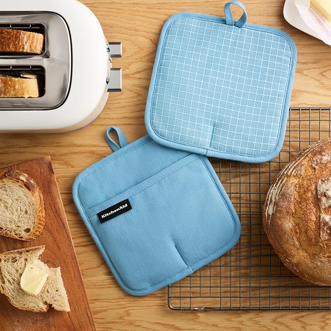 KITCHENAID Gourmet Series Gridlines Pot Holders 2-Pack Set, Heat Resistant up to 600°F, Soft Silicone Grip, Magnetic Cuff, Blue Velvet, 8"x8" - Image 2