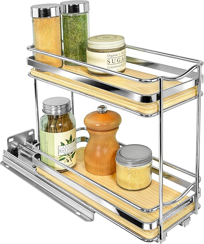LYNK PROFESSIONAL® Élite™ Pull Out Spice Organization for Cabinets - 4-3/8 inch Wide – Spice Rack for Inside Cabinets – Wood/Chrome - Sliding Spice Rack Organizer for cabinet – Spice Rack - 2 Tier by LYNKPROFESSIONAL