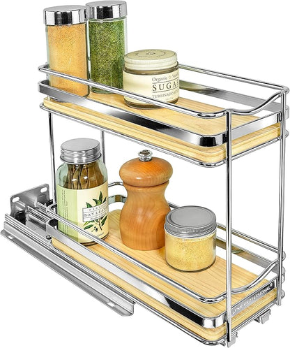 LYNK PROFESSIONAL® Élite™ Pull Out Spice Organization for Cabinets - 4-3/8 inch Wide – Spice Rack for Inside Cabinets – Wood/Chrome - Sliding Spice Rack Organizer for cabinet – Spice Rack - 2 Tier by LYNKPROFESSIONAL