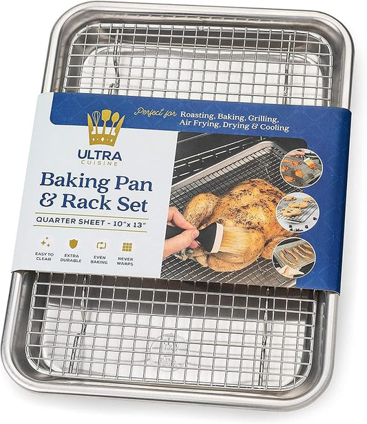 Ultra Cuisine Quarter Sheet Pan with Wire Rack Set - Includes Premium Aluminum Baking Sheet with 100% Stainless Steel Baking Rack, Cookie Cooling Racks with 1/4 Pan Commercial Quality
