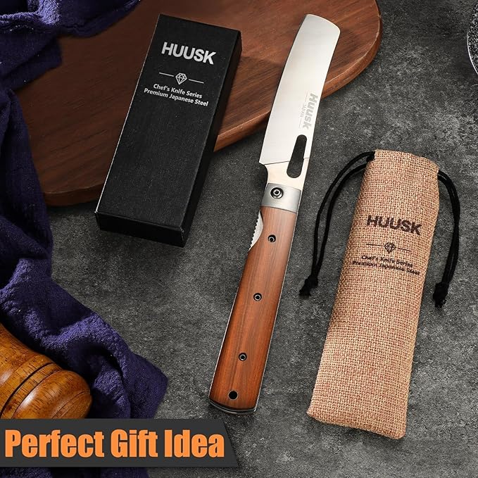 Huusk Japanese Folding Nakiri Knife - Pocket Chef Knives with 440C Stainless Steel Ultra Sharp Blade, Portable Kitchen Knife for BBQ Trip Outdoor, Christmas Gift for Men and Women