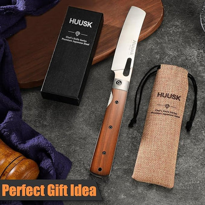 Huusk Japanese Folding Nakiri Knife - Pocket Chef Knives with 440C Stainless Steel Ultra Sharp Blade, Portable Kitchen Knife for BBQ Trip Outdoor, Christmas Gift for Men and Women