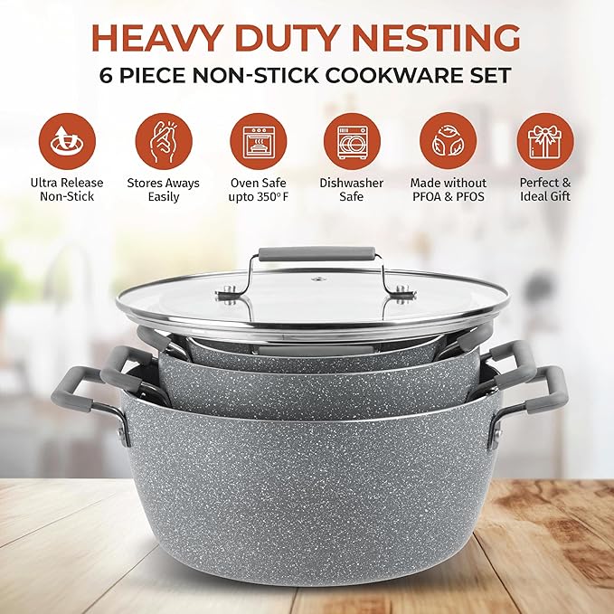 Granitestone Gray Pots and Pans Set Nonstick, 6 Stackable Piece Cooking Pots Set, Kitchen Pots, Non Stick Coating, 5qt 3qt & 1.5qt Pots with Lids, Stay Cool Handles Dishwasher Safe 100% Toxin Free - Image 5