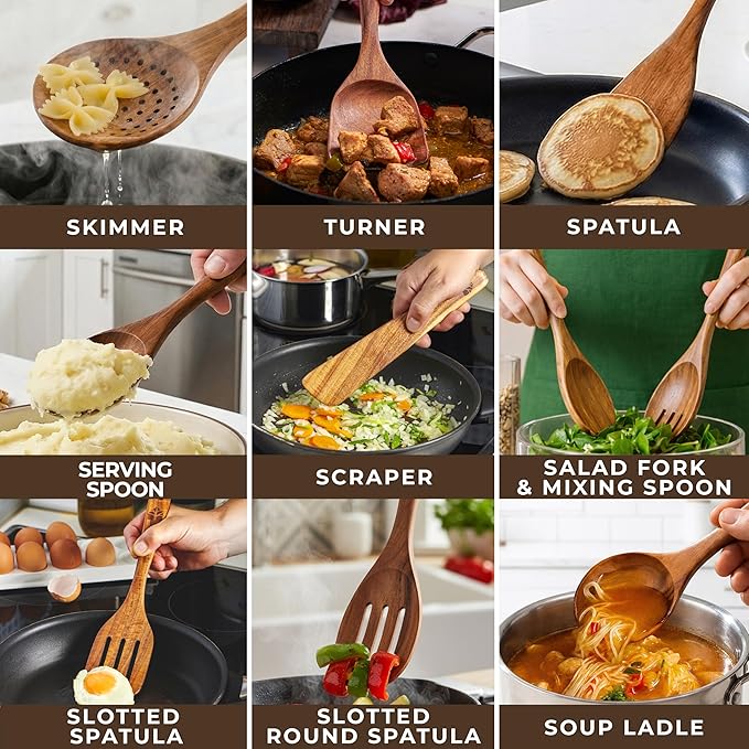 Wooden Spoons for Cooking – 10 Pcs Premium Teak Wooden Utensil Set with Hooks - Durable, Nonstick Safe, Easy to Clean & Heat Resistant with Ergonomic Handles - Image 4