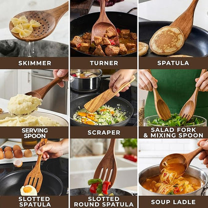 Wooden Spoons for Cooking – 10 Pcs Premium Teak Wooden Utensil Set with Hooks - Durable, Nonstick Safe, Easy to Clean & Heat Resistant with Ergonomic Handles - Image 4