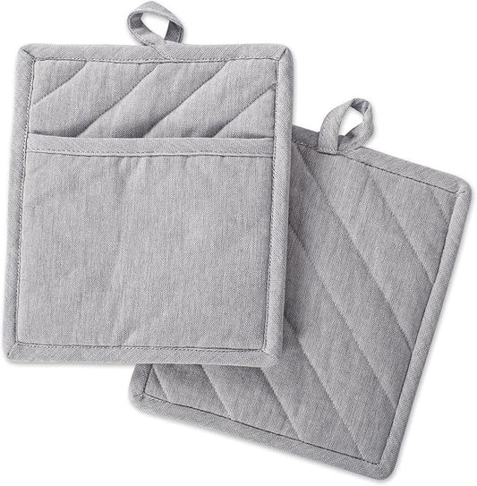 DII 100% Cotton Solid Chambray Kitchen Set, Potholders, Gray, 2 Piece