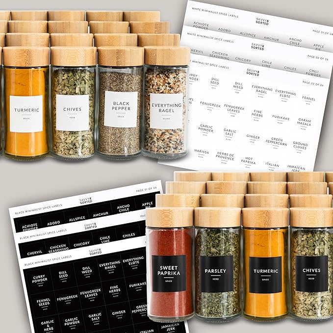 SAVVY & SORTED Glass Spice Jars with Label, 24PK Round Bamboo Jar Spices Set 4oz, 374 Spice Labels, Pepper Grinder, Empty Herb Seasoning Containers, Funnel and Shaker Lids - Image 5