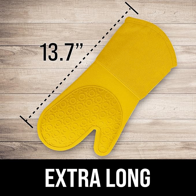 BPA-Free Soft Silicone Oven Mitts - Ultra Heat Resistant Oven Mitts with Thick Cotton Liner - Long Slip Resistant Pot Holders, Flexible Oven Gloves - Yellow 13.7" - Image 2