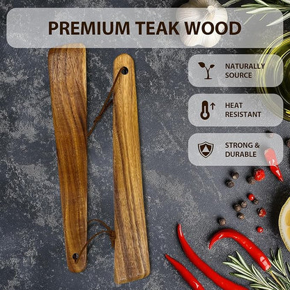 Teak Wood Spatula for Cooking,12.2 Inch Flat Wooden Spatula for Cast Iron,Wood Cooking Utensil,Spatulas Perfect for Flipping,Serving,Scraping,Turning. Set Of 2