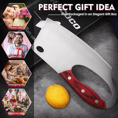 ROCOCO Easy Handle Meat Cleaver - Effort Saving Chef Knife Unique Professional for Kitchen Cutting Meat Vegetable Gift Red Full Tang Stainless Steel 7.48"