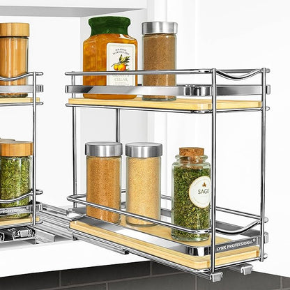 LYNK PROFESSIONAL® Élite™ Pull Out Spice Organization for Cabinets - 4-3/8 inch Wide – Spice Rack for Inside Cabinets – Wood/Chrome - Sliding Spice Rack Organizer for cabinet – Spice Rack - 2 Tier - Image 9