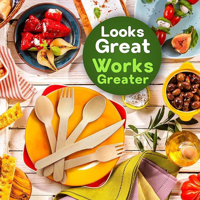 Weemium Disposable Wooden Cutlery Set - 300 Count (100 Forks, 100 Knives, 100 Spoons) – Plastic-free Packaging - Biodegradable Silverware and Splinter-free Compostable Utensils for Parties - Image 9
