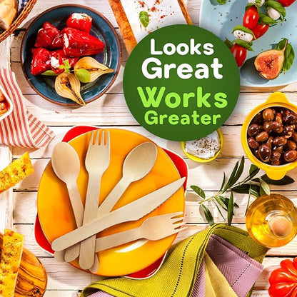Weemium Disposable Wooden Cutlery Set - 300 Count (100 Forks, 100 Knives, 100 Spoons) – Plastic-free Packaging - Biodegradable Silverware and Splinter-free Compostable Utensils for Parties - Image 9