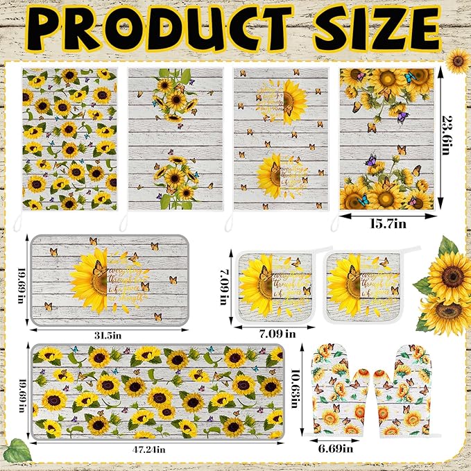 Fourluoo 10 Pcs Sunflower Kitchen Decor Set Butterfly Towels and Rugs Oven Mitts and Pot Holders Farmhouse Sunflower Kitchen Decor Set for Women Mom Gift Cooking Baking Grilling