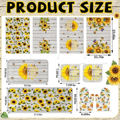 Fourluoo 10 Pcs Sunflower Kitchen Decor Set Butterfly Towels and Rugs Oven Mitts and Pot Holders Farmhouse Sunflower Kitchen Decor Set for Women Mom Gift Cooking Baking Grilling