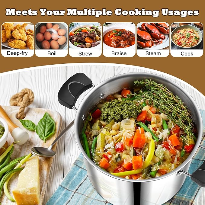 12 Quart 3-Ply Cooking Stock Pot with Lid, P&P CHEF Stainless Steel Large Pot for Pasta Soup, Work on Multi Stove, Heavy Duty & Dishwasher Safe, Dual Heat-resistant Handles & Transparent Glass Lid - Image 5