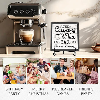 Coffee Bar Sign, Love is Brewing Farmhouse Tabletop Decor, Coffee and Tea Lover Gifts, 5x5 Wood Plaque with Iron Stand for Home Kitchen Cafe, Coffee Bar Decor – L08 - Image 5