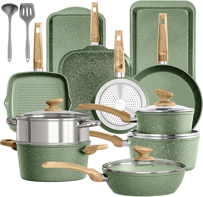 17 Piece Pots and Pans Set Non Stick, Nonstick Induction Granite Kitchen Cookware Sets, Induction Cookware Frying Pans, Nonstick Granite Cooking Set, Pan Sets for Cooking, Green by DishDelight
