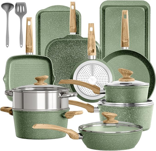 17 Piece Pots and Pans Set Non Stick, Nonstick Induction Granite Kitchen Cookware Sets, Induction Cookware Frying Pans, Nonstick Granite Cooking Set, Pan Sets for Cooking, Green by DishDelight