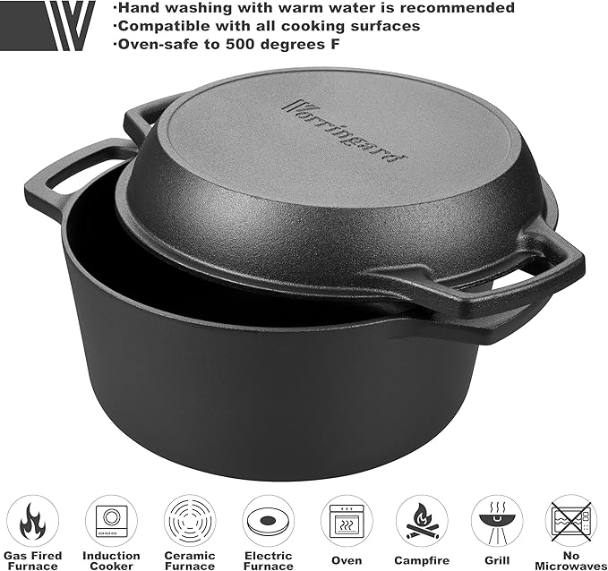 VORRINGARD Pre-seasoned Cast Iron Double Dutch Oven Pot with Skillet Lid, Dual-handle, for Bread Baking, Outdoor, Campfire Cooking, 5 Quart - Image 4