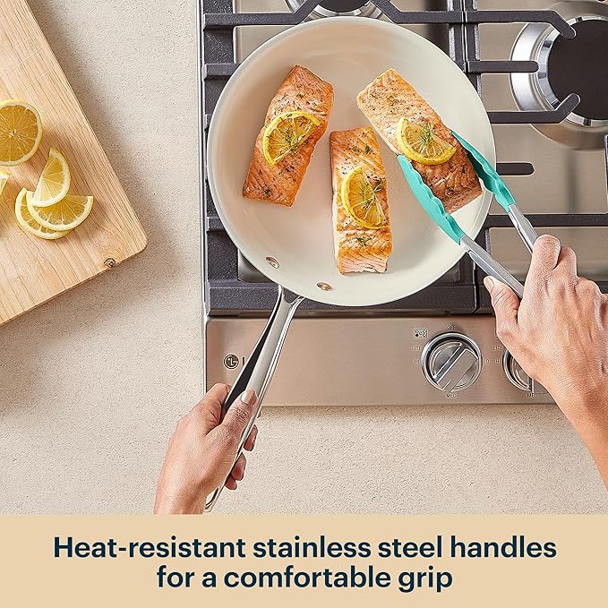 Pyrex 10-Inch Fry Pan Ceramic Cookware with Stainless Steel Handle, Healthy Nonstick Ceramic Coating, Induction Compatible Stainless Steel, PFAS Lead Cadmium BPA Free