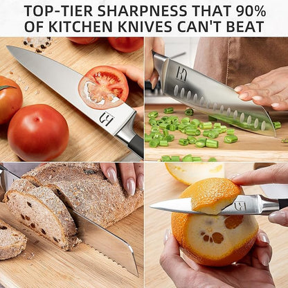 KnifeSaga Knife Set with Block, Japanese 15 PCS Ultra Sharp Ktichen Knives Set, High Carbon Stainless Steel Knife Block Set with Sharpener, Professional Knives with Ergonomic Handle for Home Chefs - Image 4
