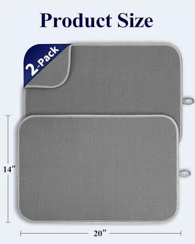 Kitsure Dish Drying Mat - 2-Pack Washable Microfiber Drying Mat for Kitchen Counter, 3-Layer Ultra Absorbent Pad with a Hanging Hook, 20" x 14", Dark Grey - Image 2